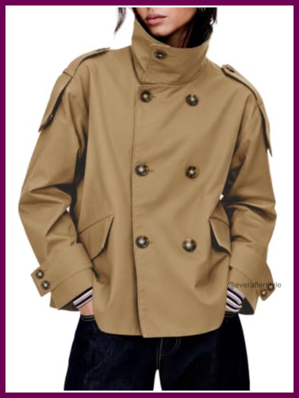 Women's Oversized Cropped Trench Coat Double Breasted Casual Jacket